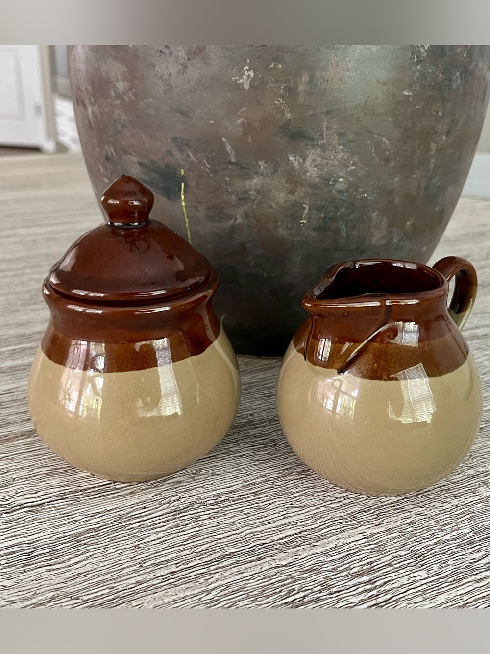 3-Piece Vintage 2-Tone Brown Stoneware Sugar and Creamer Set